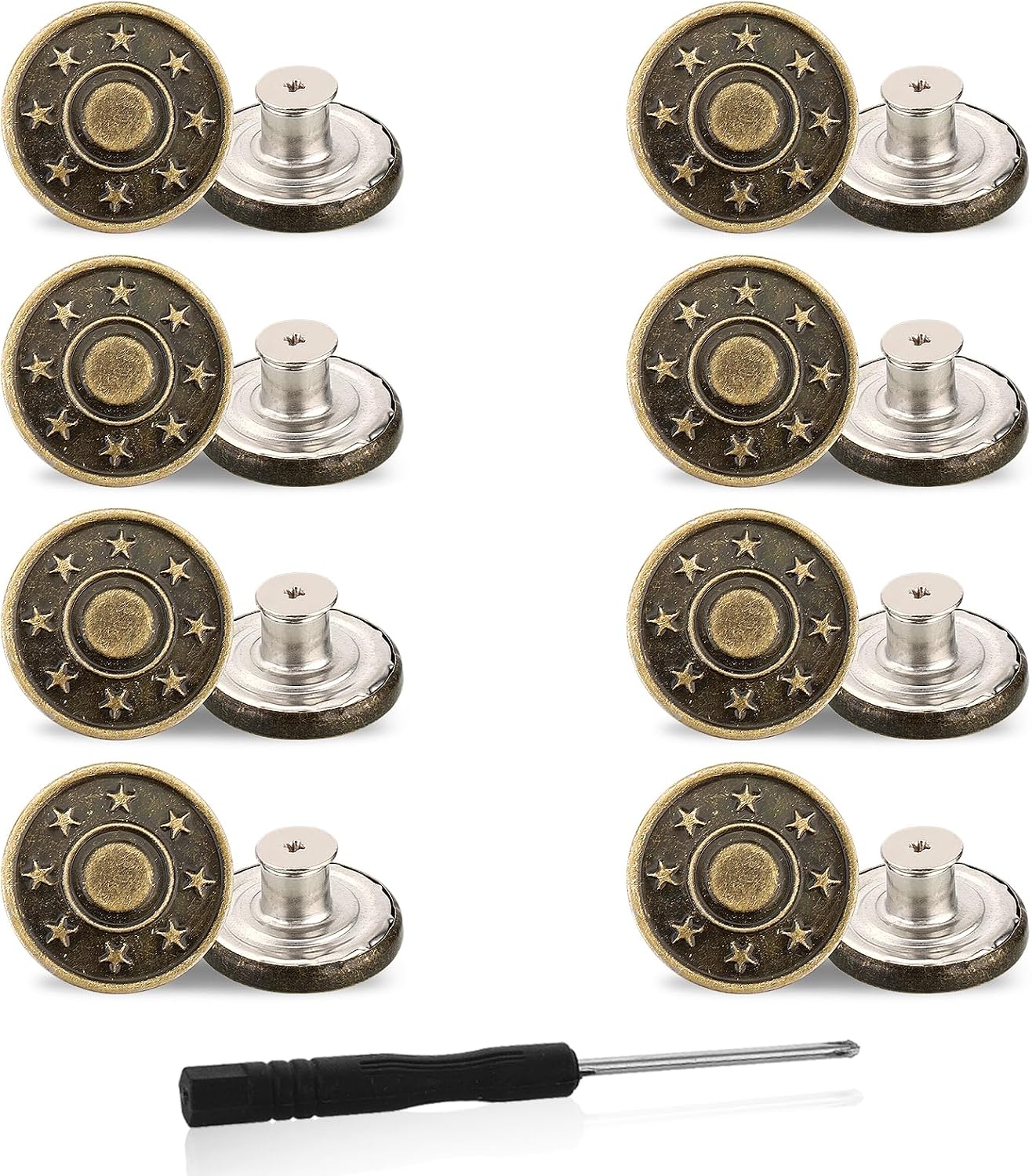 Amaxiu Jeans Buttons Replacement, 8PCS Instant No Sew Buttons for Pants Removable Metal Pant Buttons Tightener Adjustable Button Replacement Kit with Threads Rivets and Screwdriver 20mm