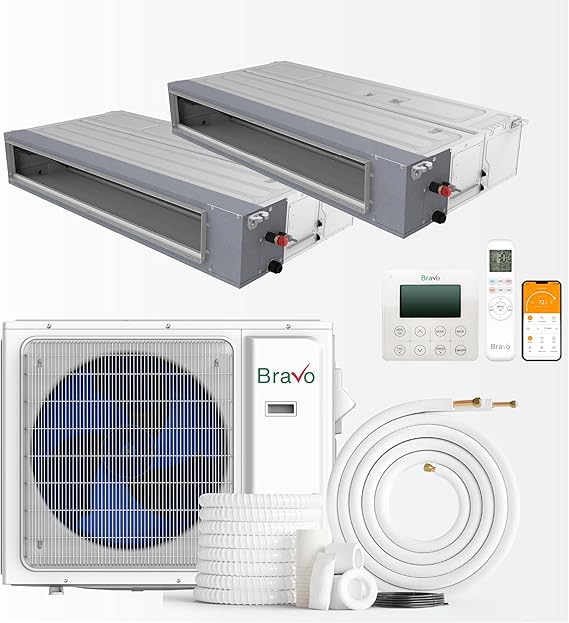 BRAVO 18,000 BTU 2-Zone Concealed Ducted Mini Split AC Heat Pump, 22 SEER2 | 9K+9K BTU Slim Duct Units, 230V, Smart Kits, 16FT Installation Kits, Inverter, Pre-Charged, Cooling & Heating, 1.5 Ton