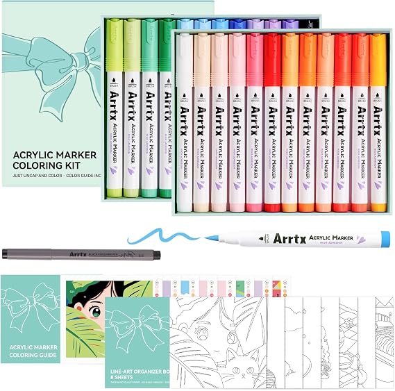 Acrylic Marker Coloring Kit, 24 Colors Acrylic Markers with 0.3mm Fineliner Pen, 8 Unique Line Drafts & Coloring Guide,All-in-One Stress Relief Art Gift Set for Beginners Hobby Artists