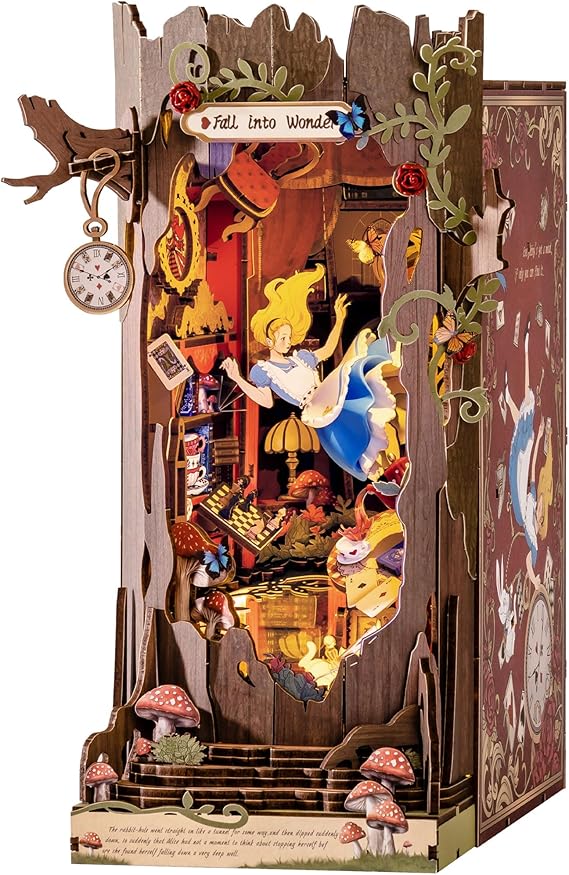 Rolife Book Nook Kit Fall into Wonder 3D Wooden Puzzles 9.9" Wonderland Booknooks DIY Miniature Kit with LEDs Fairy Tale Bookshelf Decor Craft for Adults Gift for Mom Women Men