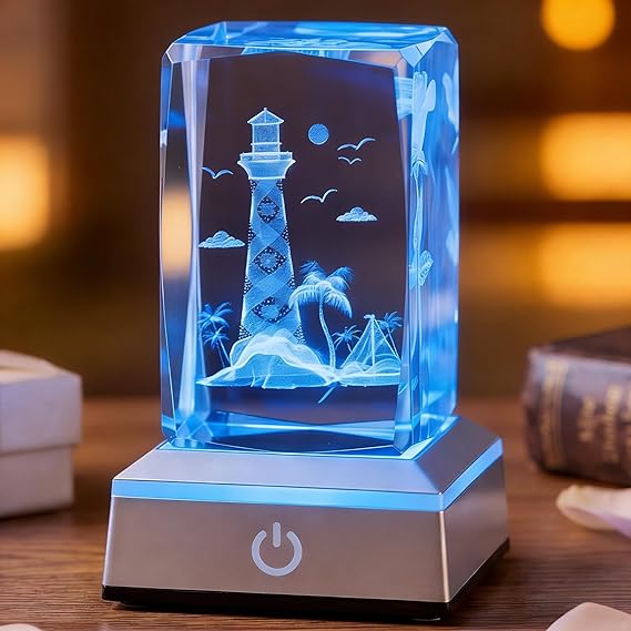 3D Laser Crystal Lighthouse Seabird Coast Cube with LED Stand Base - 3D Engraving Light House Decorations for Home Lighthouse Gifts - Crystal Night Lamp with Adjustable LED Lights | Touch Control LED Light Stand Base, 6 Lighting Modes Crystal Night Light, Home Table Decor, Lighthouse Themed Gifts