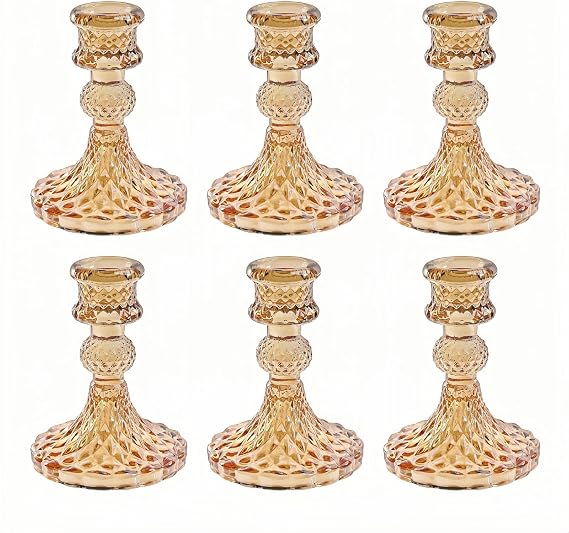 Amber Glass Candlestick Holders, Taper Candle Holders, Set of 6