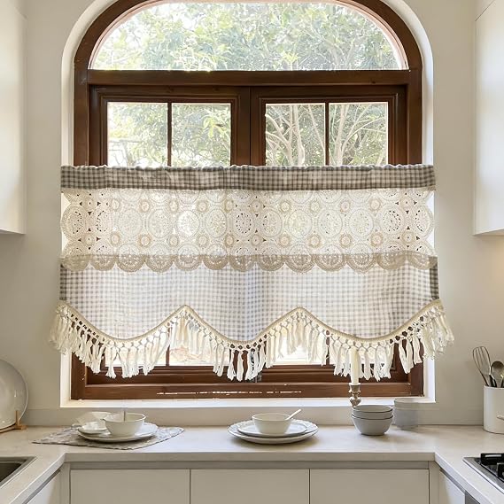 Boho Macrame Linen Knitted Lace Curtain Valance for Window Kitchen | Vintage Farmhouse Beige Rustic Crochet Tassels Valance for Cafe Dining Room Rod Pocket 1 Panel (Beige,W43 L24 inch)