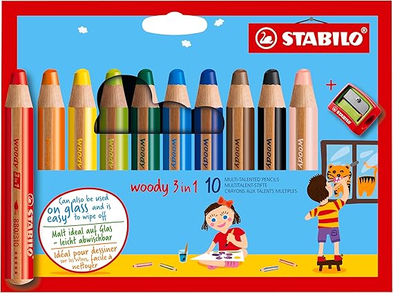 STABILO woody 3-in-1 - Multi-Talented Pencil | Pack of 10 - Assorted Colours with Sharpener