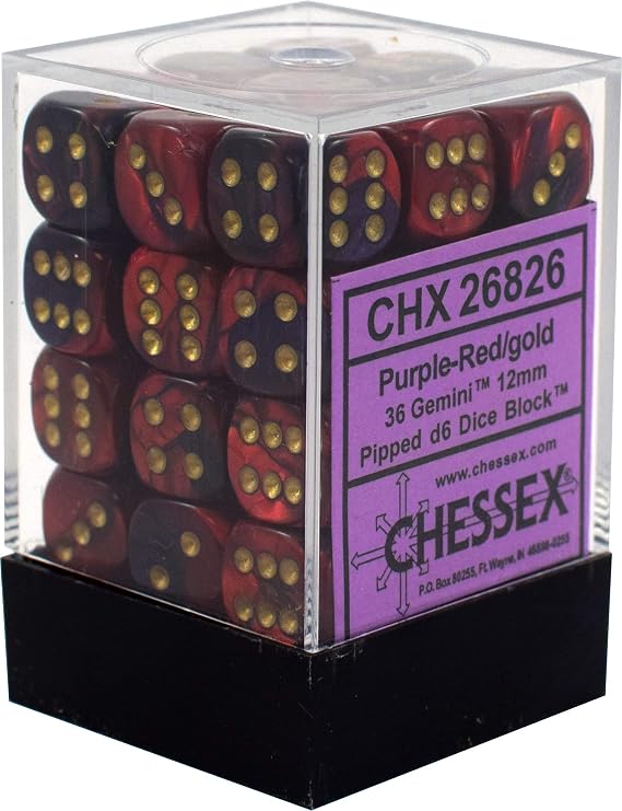 Chessex 12mm Gemini Purple, Red & Gold Polyhedral Dice Set Compatible with Dungeons & Dragons, Pathfinder & Other Tabletop RPGs Includes 36 D6 Dice (CHX26826)