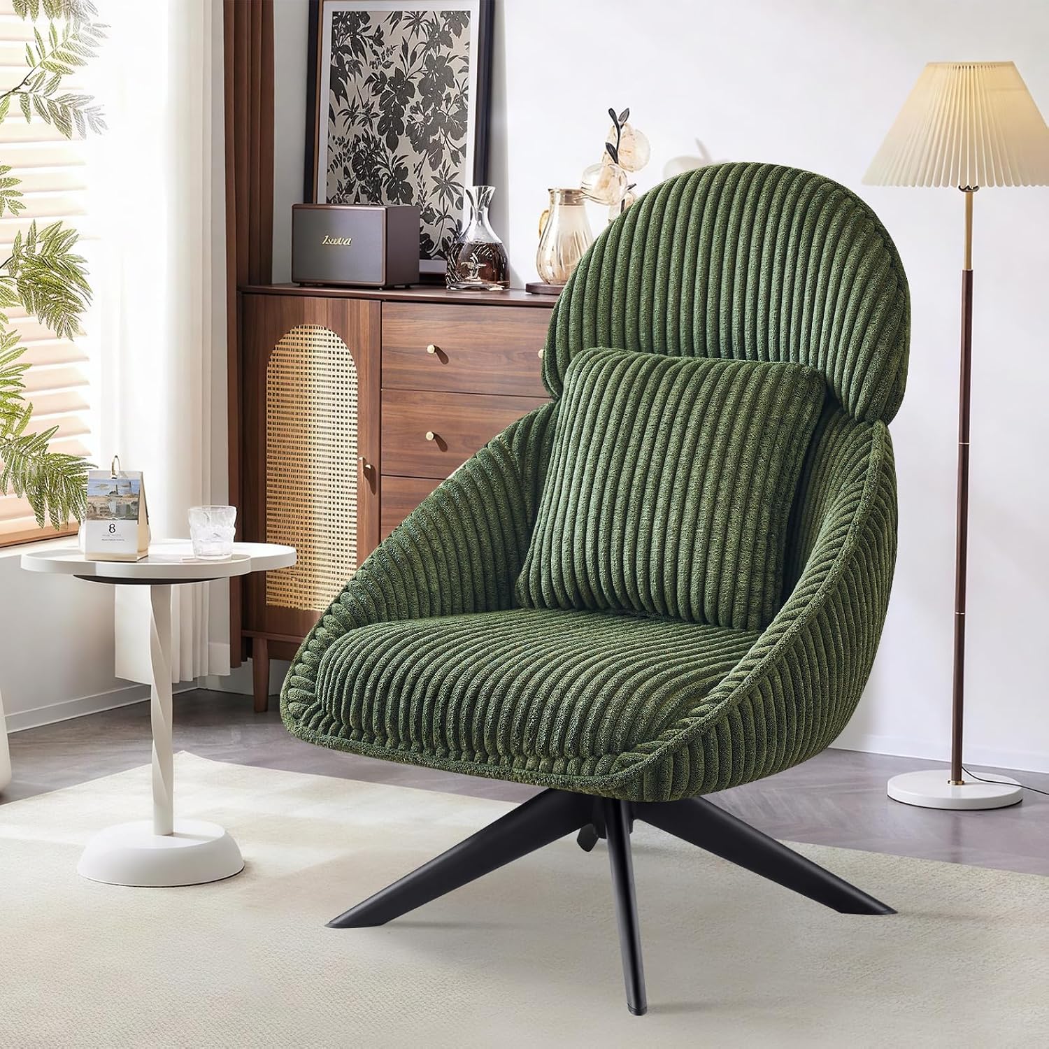 Ckaff Lounge Chair Living Room 360° Rotatable Wing Chair Armrest Upholstered Chair with Thick Removable Throw Cushion Relaxing Chair Reading Chair for Living Room Bedroom Office Green