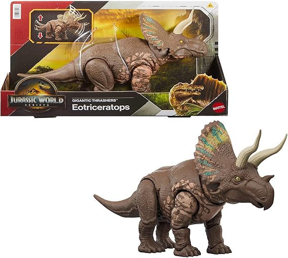 Mattel Jurassic World: The Rebirth Gigantic Thrashers Eotriceratops Dinosaur Toy Figure Large Dinosaur Species with Two Accitable Anger Attacks Digital Game JGB93