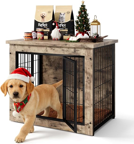Wooden Dog Crate Furniture with Thick Cushion, Indoor Side Table Dog Kennel