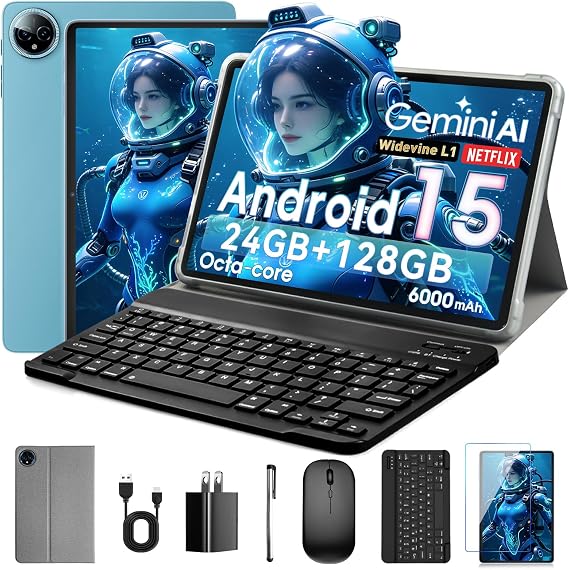 10 Inch Tablet, Android 15 With 24GB RAM + 128GB ROM (1TB Expandable), Octa-Core, 1280x800 IPS HD Touchscreen, 5MP+8MP Dual Camera, 6000 mAh, Keyboard, Mouse, Widevine L1(Blue), Gemini AI