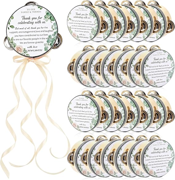 24 Set 4 Inch Wedding Tambourines Bulk with Jingles Ribbons for Adults Wooden Hand Held Drum Percussion Gift for Guest Musical Instrument for Church Bridal Shower Party Favor Decorations(White)
