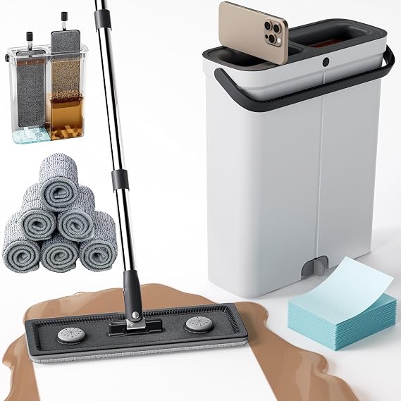 Compact Flat Mop and Bucket, Hands-Free Wringer, 6 Microfiber Pads | Space-Saving Vertical Storage; Wet & Dry Dual Use; 360 Swivel Head for Corners; Machine Washable Reusable; Wood & Tile Safe