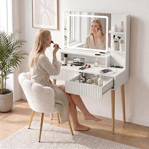 Hawthyhome White Dressing Table, 3 Colour LED Mirror, Type F Power Strip Charging Station, Modern Vanity Desk 2 Fluted Drawers, Storage Shelves, Solid