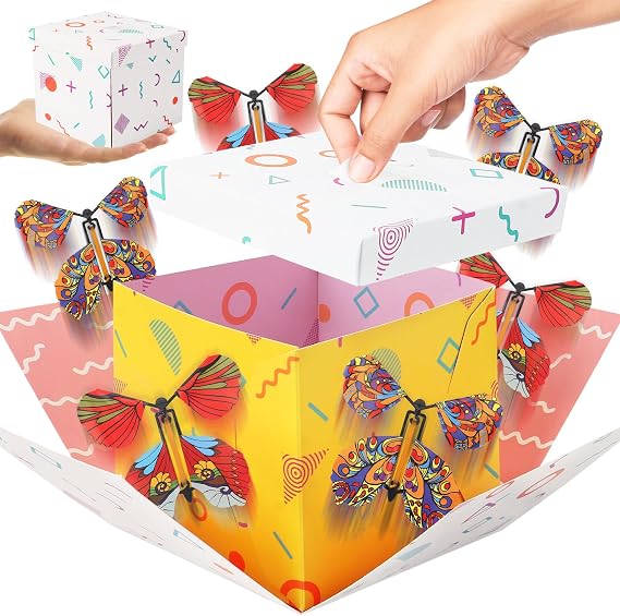 Blinket Flying Butterfly Explosion Gift Box with 6 Pcs Flying Butterflies, Surprise Birthday Gift Box with Butterfly,Surprise Cake Boxes for Birthday, Wedding,Graduation Special Occasions Geometry