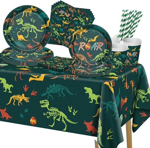 101 Pcs Dinosaur Birthday Decorations - Dino Party Decor Including Plates, Napkins, Cups, Tablecloth for Boys Kids Birthday Party Supplies, Serves 20