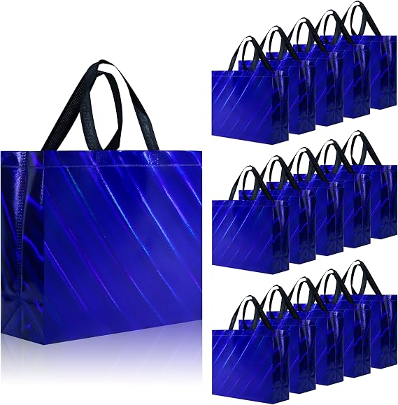 cabzymx Non Woven Reusable Gift Bags Bulk 16 Pack - Sturdy Gift Bags with Handles for Events & Parties - Eco Friendly Goodie Bags (Blue 12.6" L x 4.7" W x 11" H)