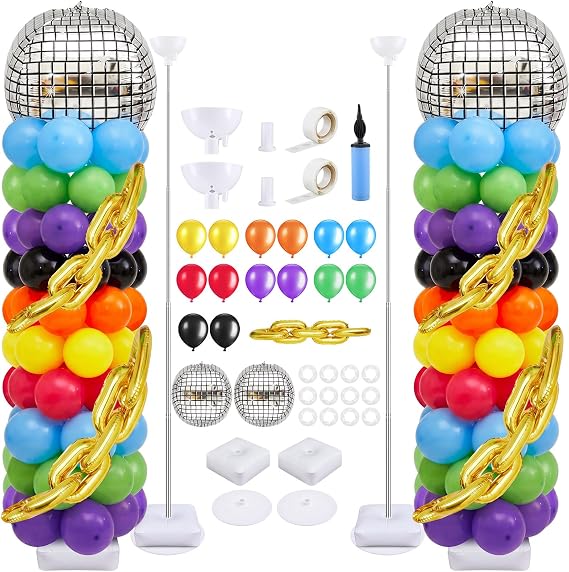 Gejoy 2 Set 80s 90s Balloon Column Stand Kit with 153 Pcs Disco Balloons 19 Pcs 80s 90s Cards 6.5 ft Adjustable Tower Pillar with Metal Telescopic for Disco Party Decorations