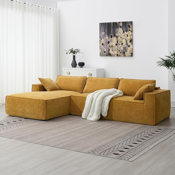 111 Inch Oversized Modular Sectional Sofa, L-Shape Modern Floor Sofa with Chaise, Chenille Comfy Cloud Couch, No Assembly Required Sofa Couch for Living Room (Yellow)
