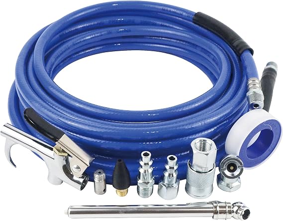 Air Compressor Accessories Kit, 9 Pieces, 1/4 Inch 25FT PVC Hose, Deep Blue, Includes Blow Gun, Fittings, Chuck, Tire Gauge, 300 PSI