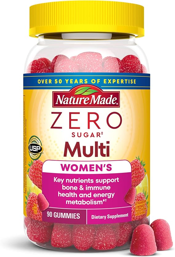 Nature Made Zero Sugar Multivitamin Women's Gummies, 90 Sugar Free Gummies | Women's Multivitamin Gummies for Bone & Immune Support, Aspartame Free, Strawberry Lemonade Flavor, 45 Day Supply