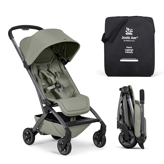 Joolz Aer2 Lightweight Travel Stroller for Baby & Toddler One-Hand Fold, Compact Carry-On Airplane Approved, Reclining Seat, UPF 50+ Canopy, Travel Pouch, Baby Net Sage Green