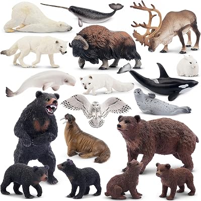 Toymany 18PCS Polar Animals and Forest Animal Figurines, Realistic Animal Toy Includes Arctic Wolf, Walrus, Caribou, Whales and Bear Figures, Educational Toy Birthday Gift for Kids
