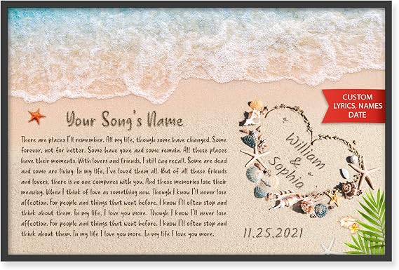 SANTANNA Personalized Anniversary Lyrics Song Poster Print for Couple Fiance Spouse, Customized Him Her Name Wedding Engagement Special Date Wall Art, Home Decor (Favorite Beach Sand Love)
