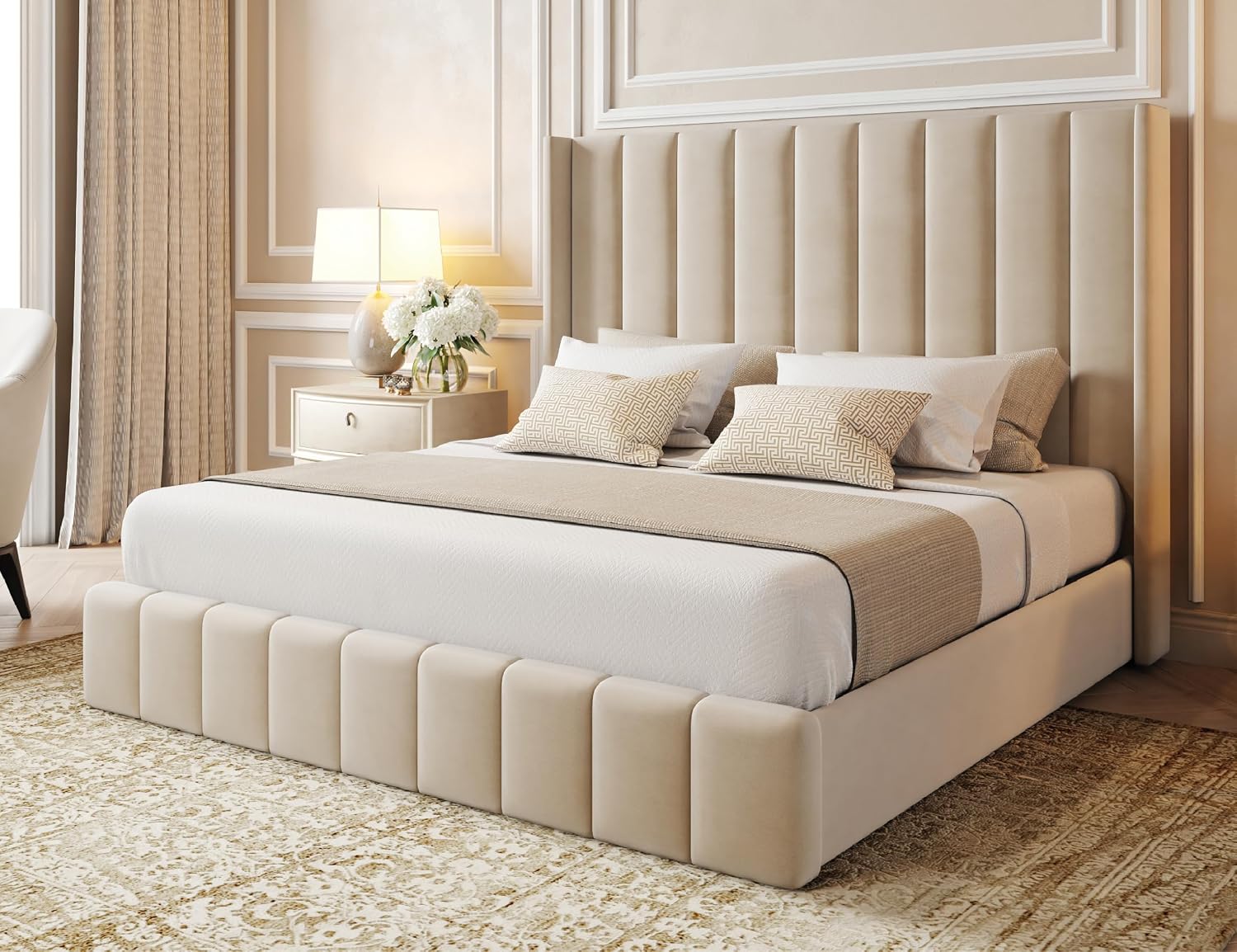 Sereno Wingback King Size Bed Frame 5ft, Modern Plush Velvet Upholstered Panelled Design, Luxury King Size Beds for Stylish Bedrooms, Strong 5ft Bed Frame with Wooden Slats in Cream Plush
