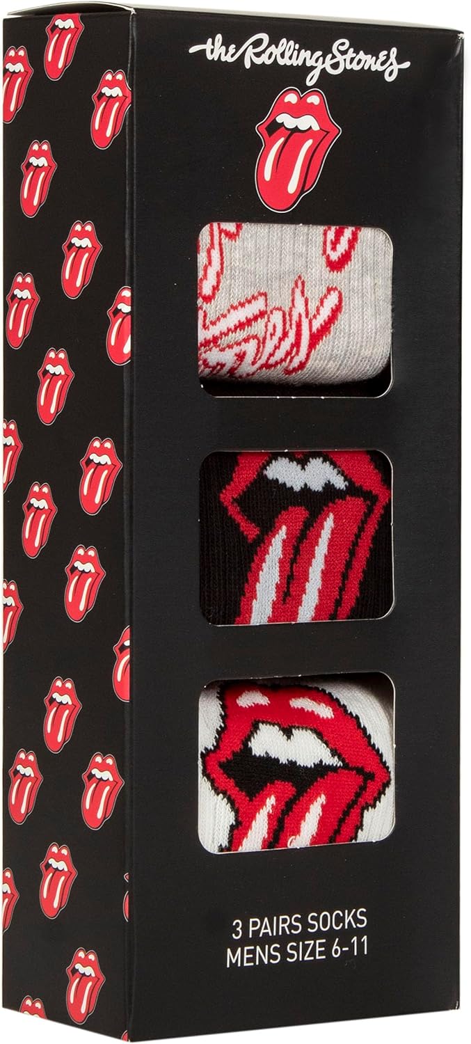 SockShop The Rolling Stones Men’s 3 Pair Gift Boxed Socks – Cotton Rich Crew Length Music-Themed Novelty Designs Featuring Iconic Tongue Logo, Fun Present for Fans or Collectors