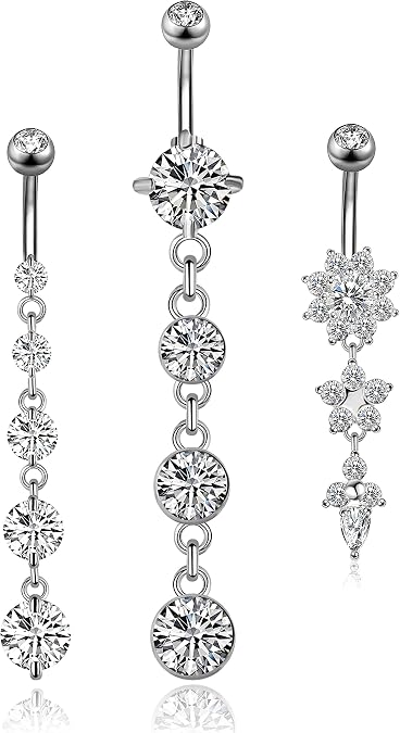 3-6PCS 14G 316L Stainless Steel Belly Button Rings for Women Navel Rings Barbell Dangle Flower CZ Body Piercing
