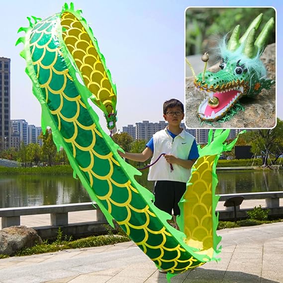 Kunovo Dragon Poi Kids/Beginner Small Size Dragon Poi, Outdoor Fitness Dragon Design Spinning & Shaking Poi, Real-Like Dragon Flinging Ribbon with Dragon Head(Green,2 m (6.5 ft)), 58741