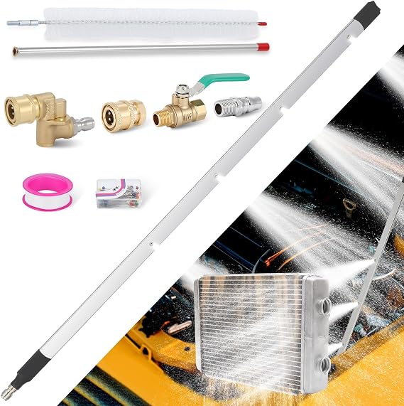 24" Radiator Cleaning Wand,4500 PSI Water and Air Radiator Cleaning Wand Tool for Car,Truck,RV,HVAC,Radiator Flush and Cleaner Wand with 25 Fan Nozzle,Quick Coupler and Brush