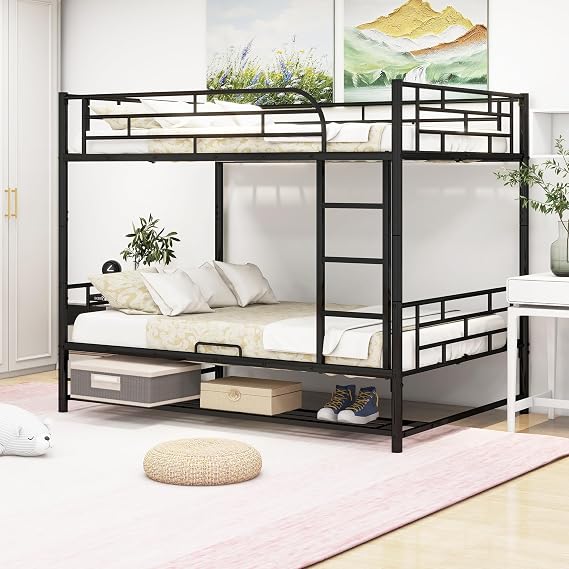 DNYN Full Over Full Bunk Bed with Under-Shelf & Ladder for Kids,Adult,Convertible Metal Bedframe,Perfect for Dorm,Bedroom,Guest Room,No Box Spring Needed, Black