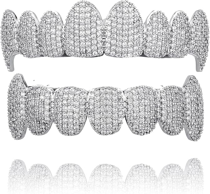 Grillz Vampire Teeth - Grills for Your Teeth Grillz for Women Men 18K Gold-Plated Iced out CZ Fangs Hip Hop Rapper Costume Accessory Cosplay Extra Molding Bars