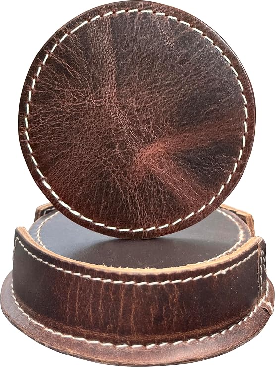 Leather Coasters for Drinks Set of 6 with Holder, Round, Dark Brown | Handmade Full Grain Leather; Coasters for Coffee Table, Kitchen, Bar & Desk; Protects Wood, Glass & Marble; Housewarming Gift