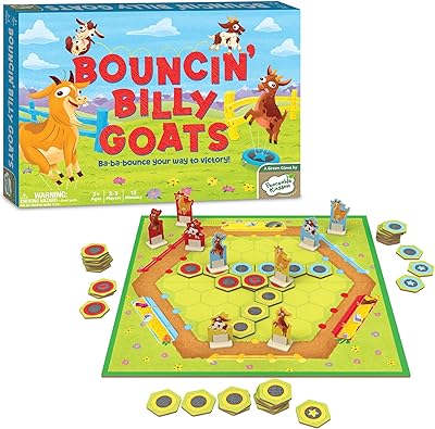 Peaceable Kingdom Bouncin Billy Goats Board Game, Light Strategy and Trampoline Tile Gameplay for Kids and Adults, Cooperative Family Game Night Fun, 2 to 3 Players Ages 5 and Up