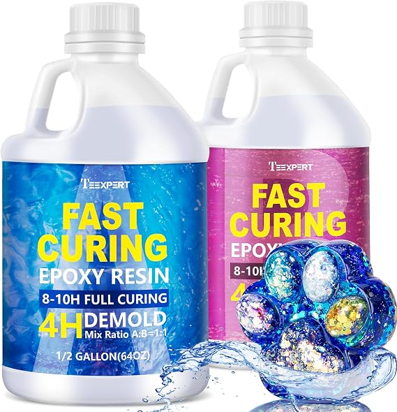 Teexpert Fast Cure Epoxy Resin: 4 Hours Demold 128OZ Bubble-Free & Anti-Yellowing Crystal Clear Art Resin Kit for Wood Casting/Table Top/Jewelry Making,Self-Leveling Resina for Beginners and Artis