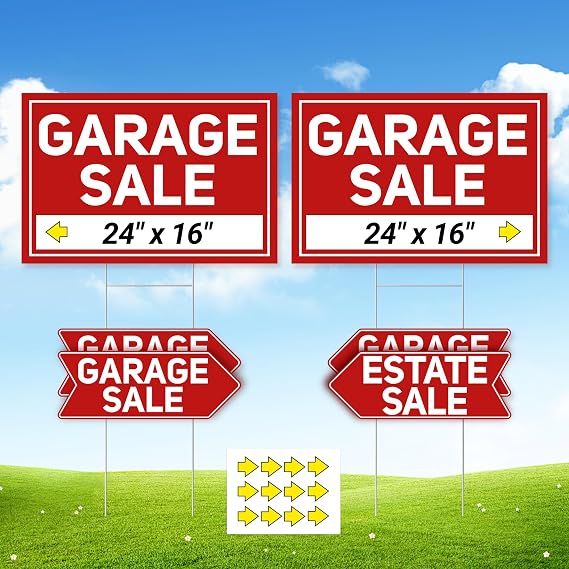 6 Pcs Garage Sale Signs with Stakes, 2 Foldable Extra-Large Garage Sale Signs 24" x 16" and 4 Arrow Yard Signs 17" x 6", Metal Stakes and Double Sided Waterproof Design for Garage Sale Supplies