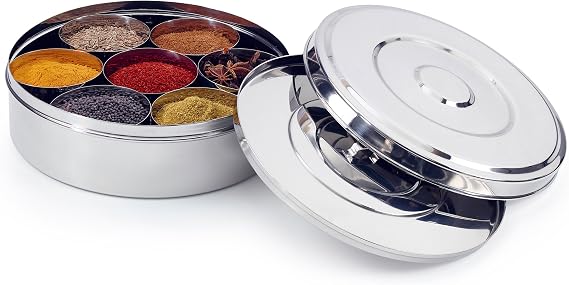 7115 Spice Box/Masala Dabba with 7 Comparments and 2 Stainless Steel Lids, 20cm, 20 cm, Silver