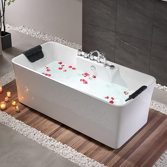 Empava 59-Inch Freestanding Whirlpool Bathtub Rectangular with 8 Hydromassage Adjustable Water Jets Luxury Acrylic Massage SPA Soaking Bath Tub Double Ended, White