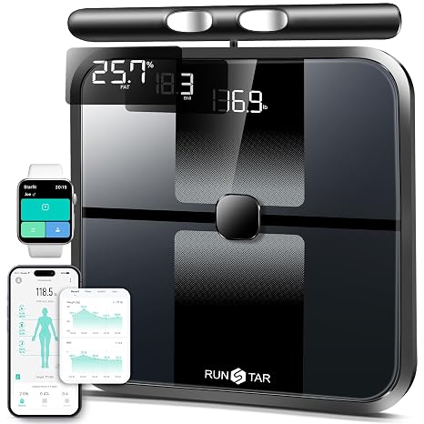 RunStar Scale for Body Weight and Fat Percentage, 8-Electrode Full Body Composition Monitor 28 Body Metrics Sync App, BMI, Muscle Mass-High Accuracy Digital Bathroom Scale with 3-Metric Display Black