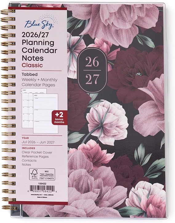 Blue Sky 2026-2027 Weekly & Monthly Academic Planner 5.9"x8.6" Dark Peonies