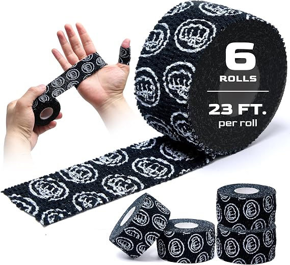 WOD Nation Weightlifting Hook Grip Tape 23ft Roll - 6 Pack 100% Elastic Sweat & Chalk Proof Thumb Tape for Crossfit, Gym, Weightlifting, Pull Ups, Gymnastics, Rowing, Multi-Sport Grip Protection-Black