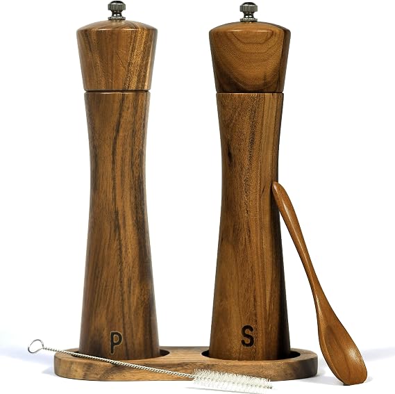 Finnhomy Salt and Pepper Grinder Set, Acacia Wood Adjustable Coarseness Pepper Mill with Wooden Stand, Cleaning Brush & Spoon, Pepper Grinder Refillable, 2 Pack Salt and Pepper Shakers, 8.5 Inches
