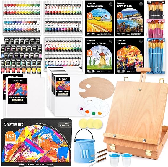 Shuttle Art 168 Pcs Artist Painting Kit, Deluxe Art Kit with Paint, Wooden Easel, Canvases, Paper Pads, Brushes and Other Art Supplies for Adults, Kids and Artists