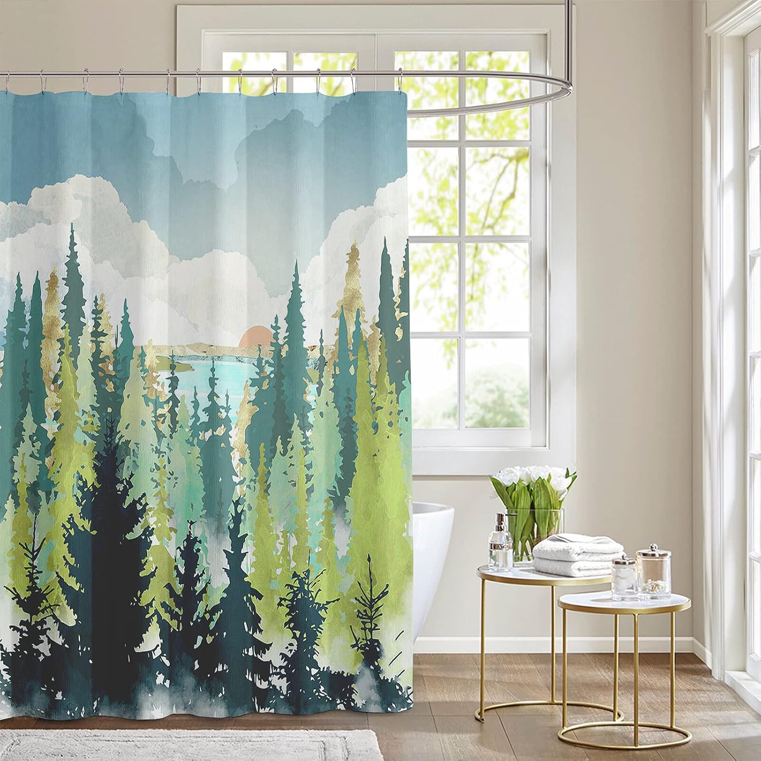 Forest Shower Curtain Art Pine Tree Nature Lake and Mountain Rustic Scenery Green Modern Landscape Fabric Waterproof Bathroom with 12 Pack Hooks Set 72Wx72H