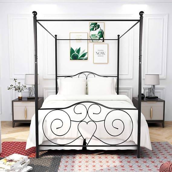 Canopy Full Bed Frame Platform Heavy Duty Steel Slat and Support with Headboard and Footboard No Box Spring Required (Black)