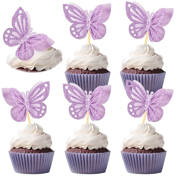 Chinco 48 Pcs Butterfly Cupcake Toppers 3D, Purple, Classic Style