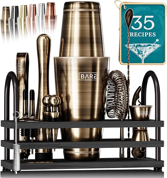 BARE BARREL® Cocktail Making Kit | 14-Piece Bartender Kit Cocktail Shaker Set Maker | Display Stand & 35 Recipe Cards | Mixology Cocktail Gift Set (800ml/28oz Boston Shaker, Brass/Black)