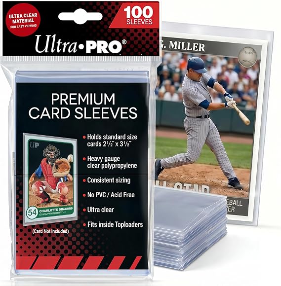 Ultra Pro Premium Clear Card Sleeves, 2.5" x 3.5", 100 Pack | Soft acid-free, non-PVC polypropylene sleeves protect standard Pokemon, MTG, baseball and football cards.