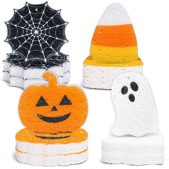 8Pcs Halloween Kitchen Sponges Water Absorbing Wood Pulp Sponges Cute Ghost Pumpkin Corn Spider Web Dish Washing Sponge for Kitchen Bathroom Home Cleaning